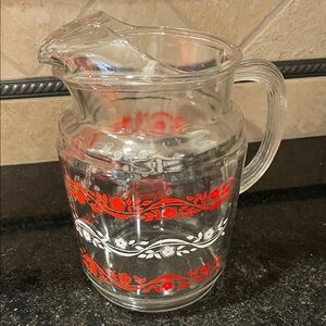 Vintage Glass Pitcher with Red and White Floral Design